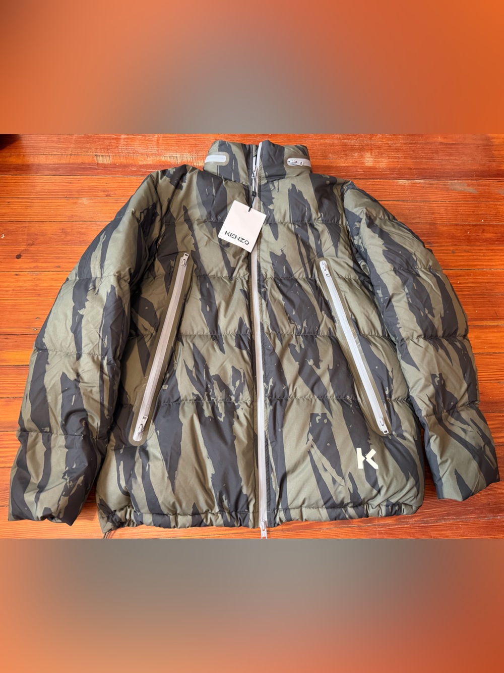Kenzo Olive Green & Black Tiger Stripe Quilted Puffer Jacket